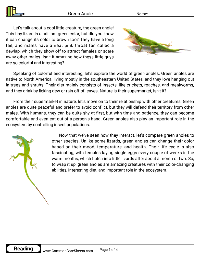 Reading Comprehension Reptiles - green-anole worksheet