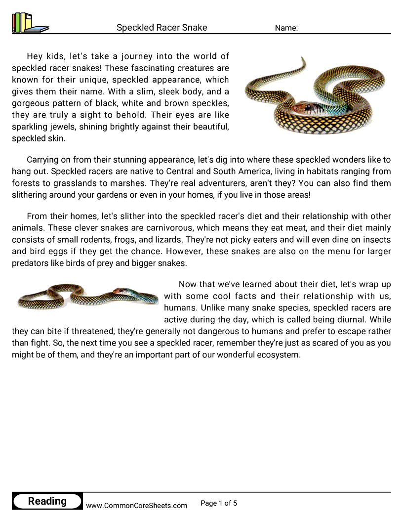 Reading Comprehension Reptiles - speckled-racer-snake worksheet