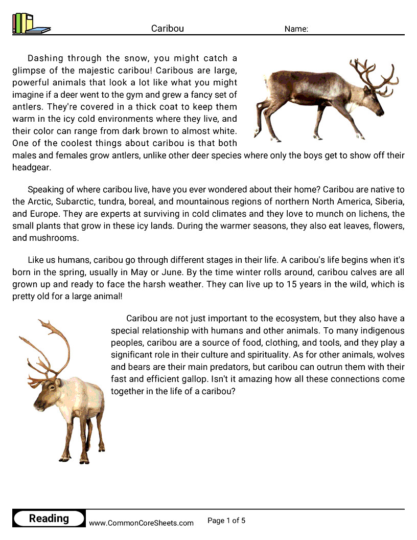 Reading Comprehension Mammals - caribou worksheet