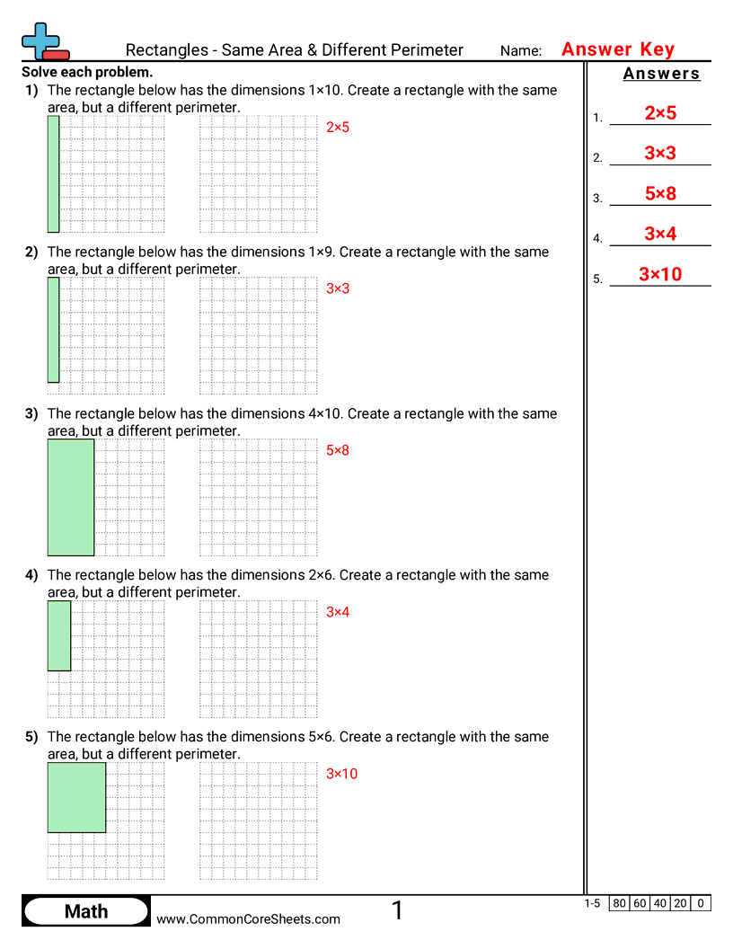 Area & Perimeter Worksheets - rectangles-same-area-different-perimeter worksheet