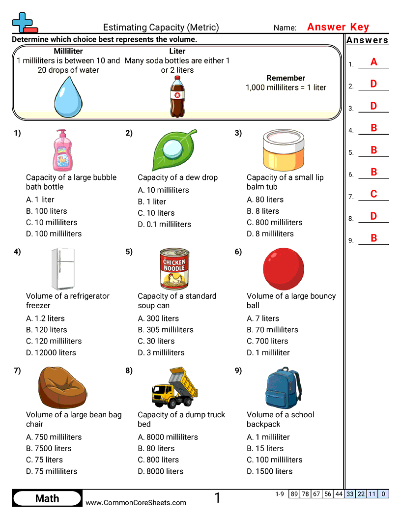 Capacity Worksheets - metric-capacity-visual worksheet