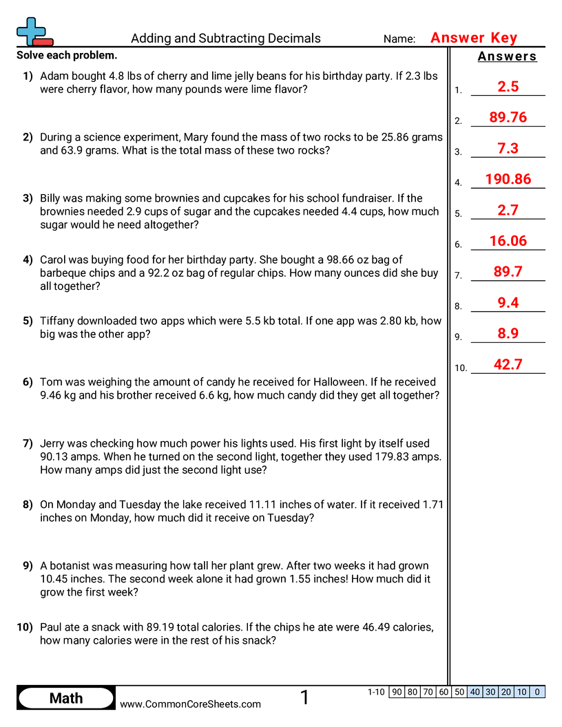 5nbt7 Worksheets - adding-and-subtracting-up-to-hundredths-word worksheet