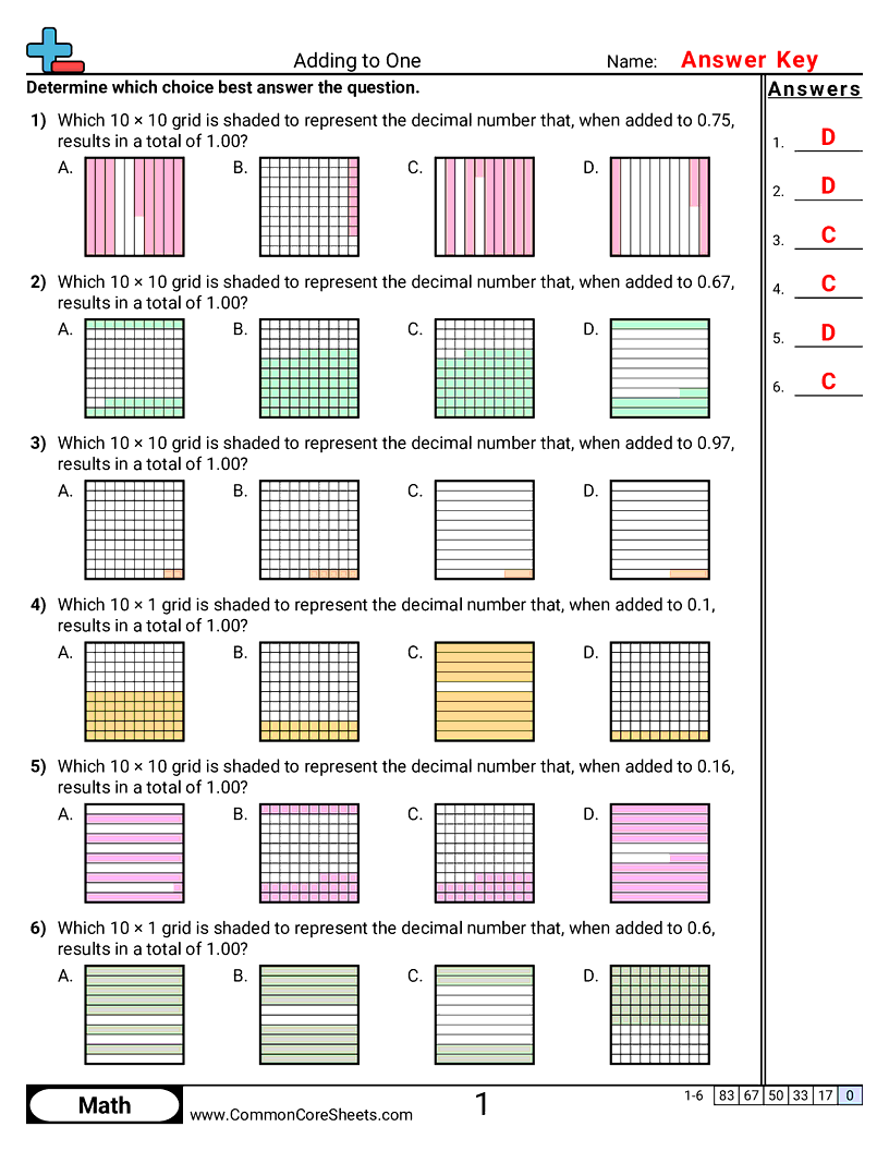 Decimal Worksheets - adding-and-subtracting-up-to-1 worksheet