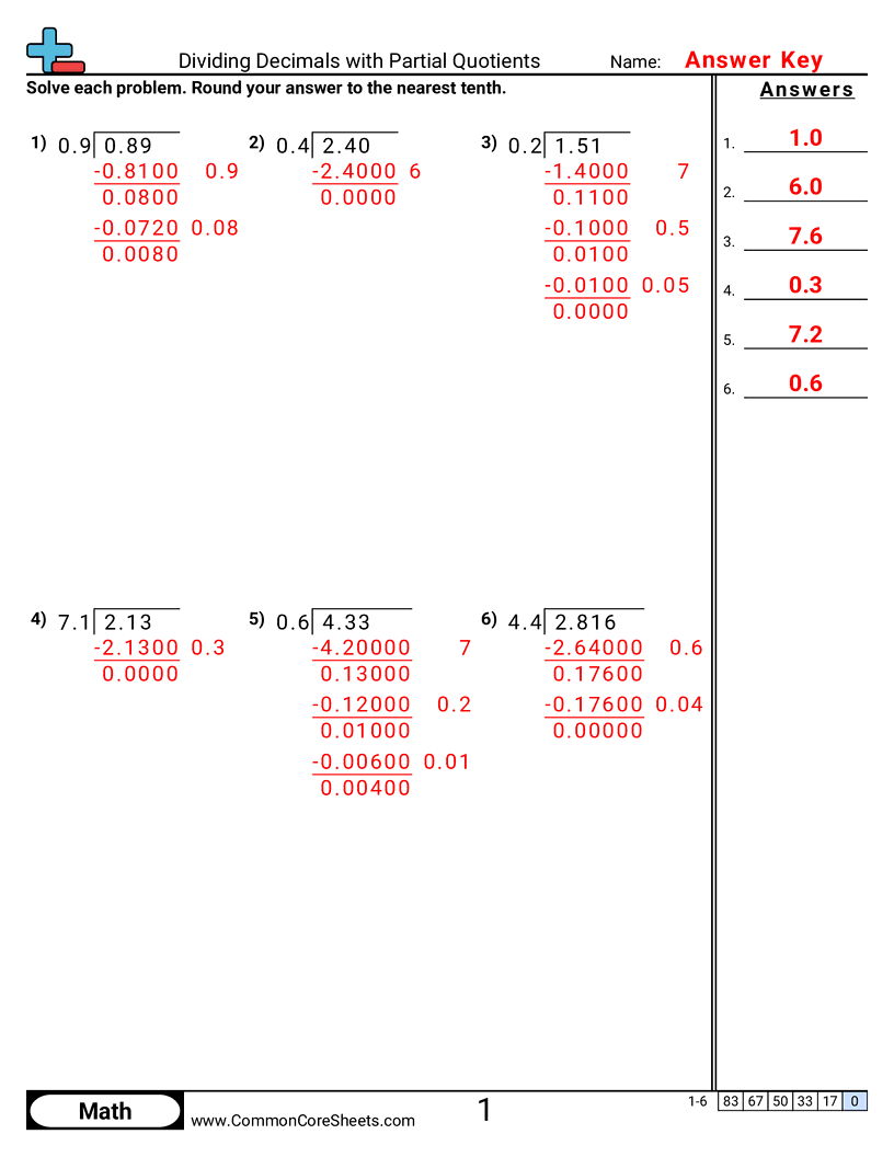5nbt7 Worksheets - dividing-decimals-with-partial-quotients worksheet