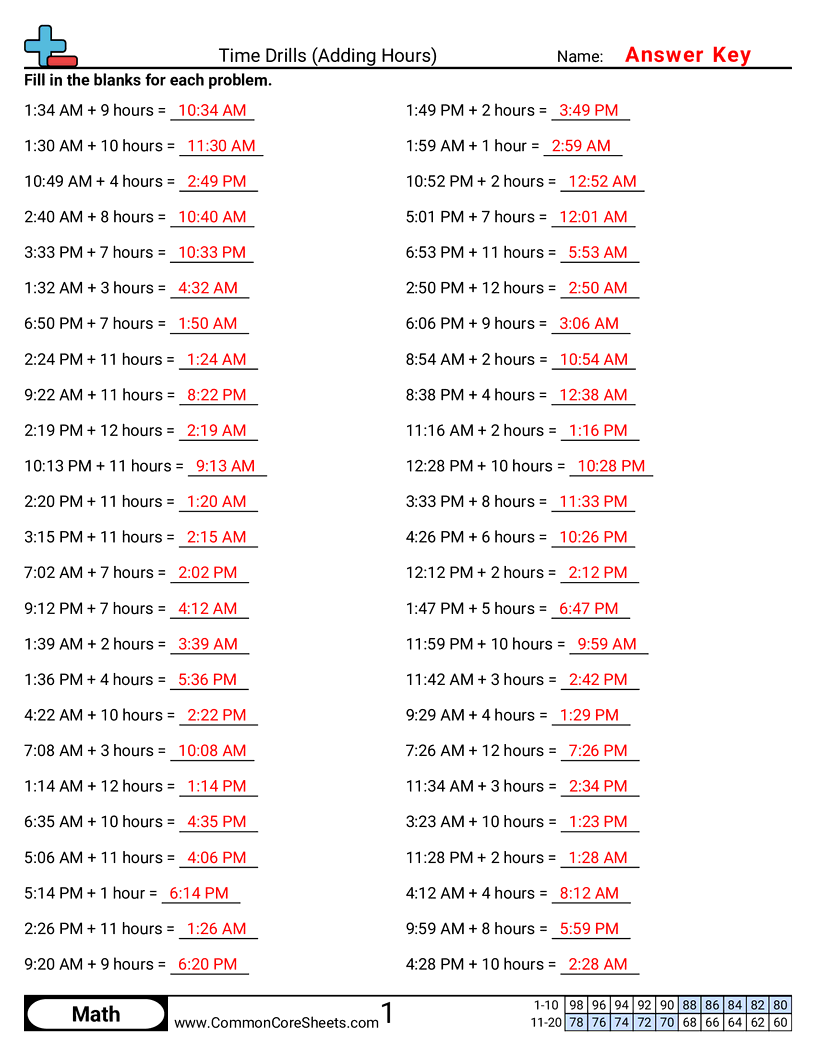 Math Drills Worksheets - adding-hours worksheet