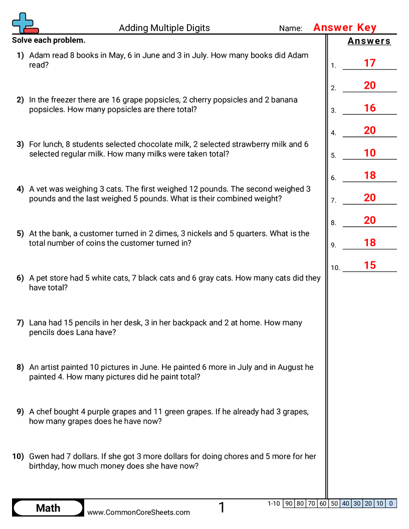 Addition Worksheets - 3-addends-less-than-20-word worksheet