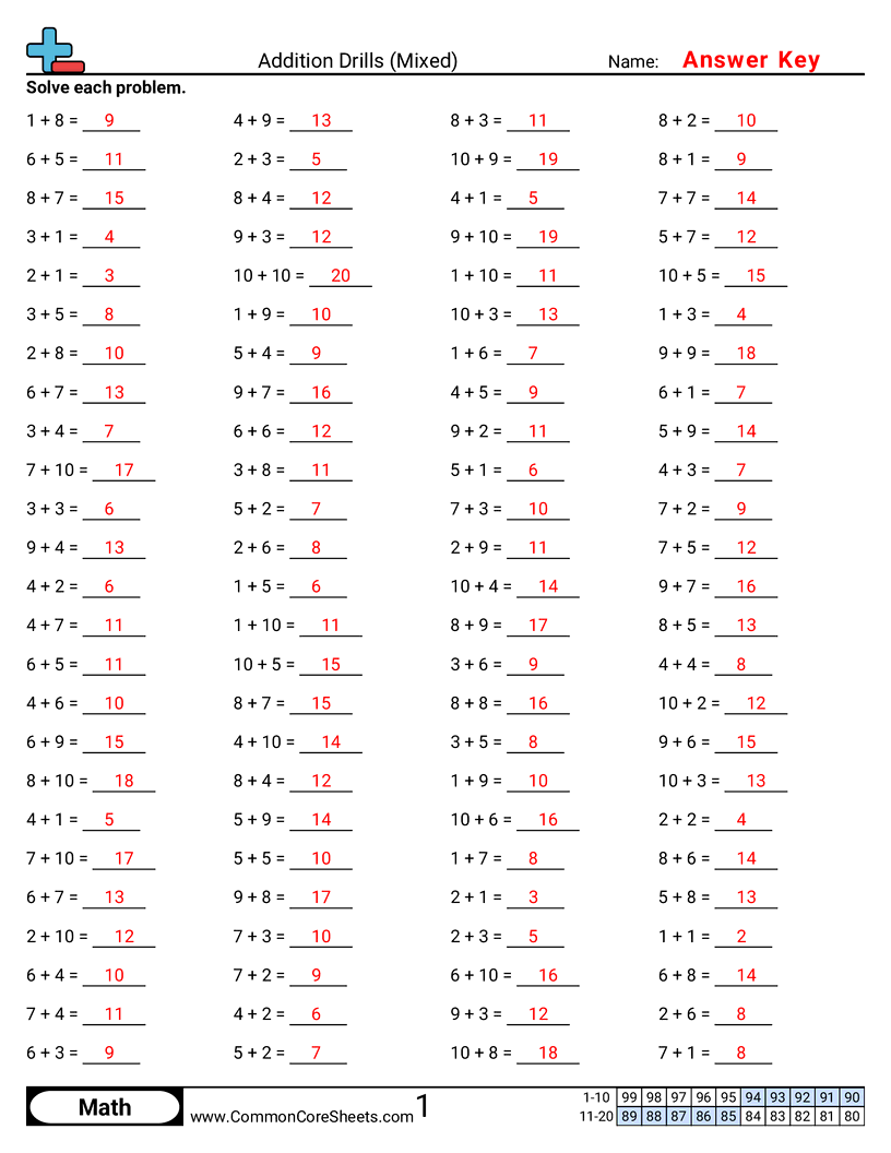 Math Drills Worksheets - mixed-horizontal worksheet