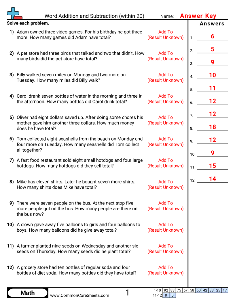 Addition Worksheets - word-addition-within-20 worksheet