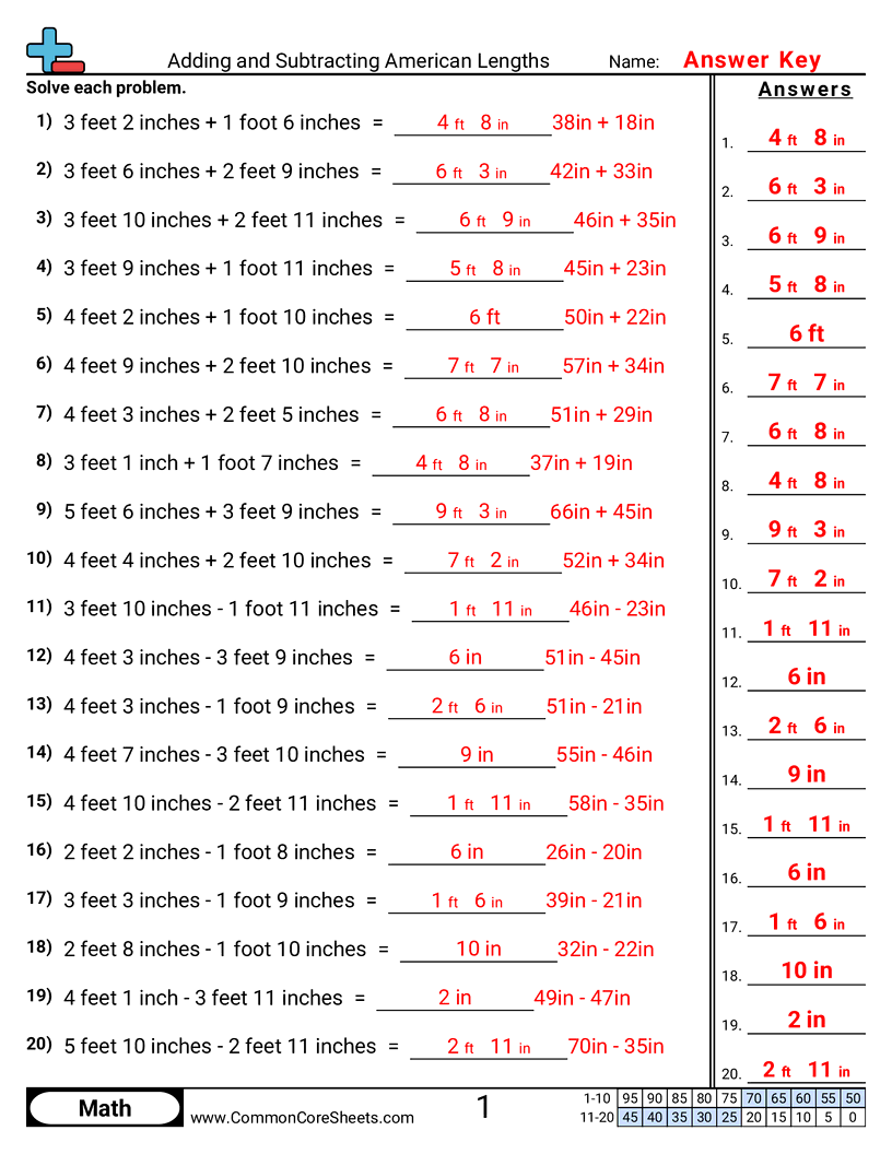 Measurement Worksheets - adding-and-subtracting-american-lengths worksheet