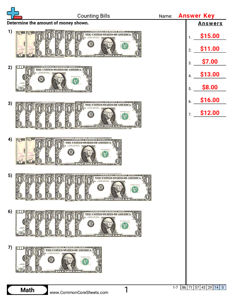 Money Worksheets - Counting Bills worksheet