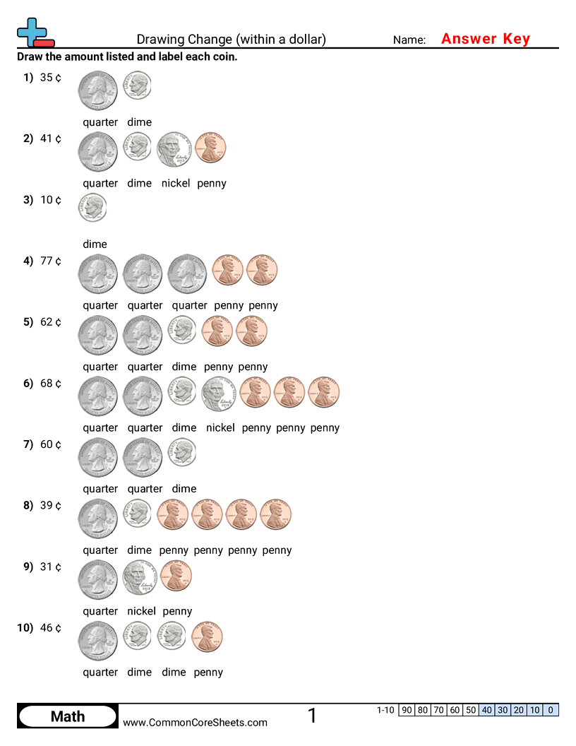 Money Worksheets - Drawing Change (within a dollar) worksheet