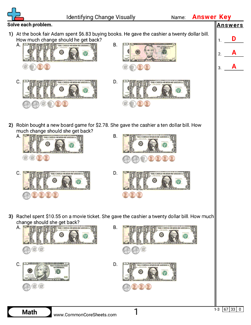 Money Worksheets - Identifying Change Visually worksheet