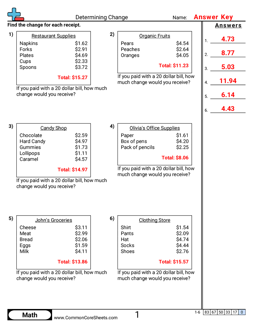 4md2 Worksheets - receipt-change worksheet