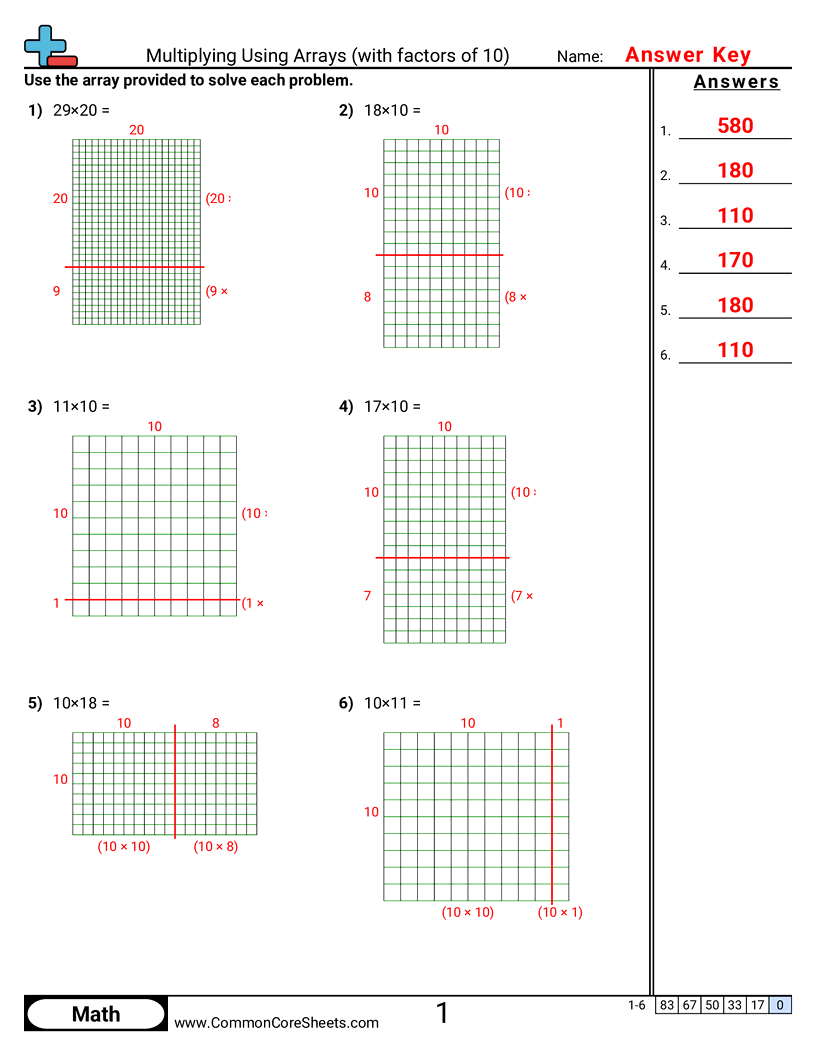 4nbt5 Worksheets - multiplying-using-arrays-with-factors-of-10 worksheet