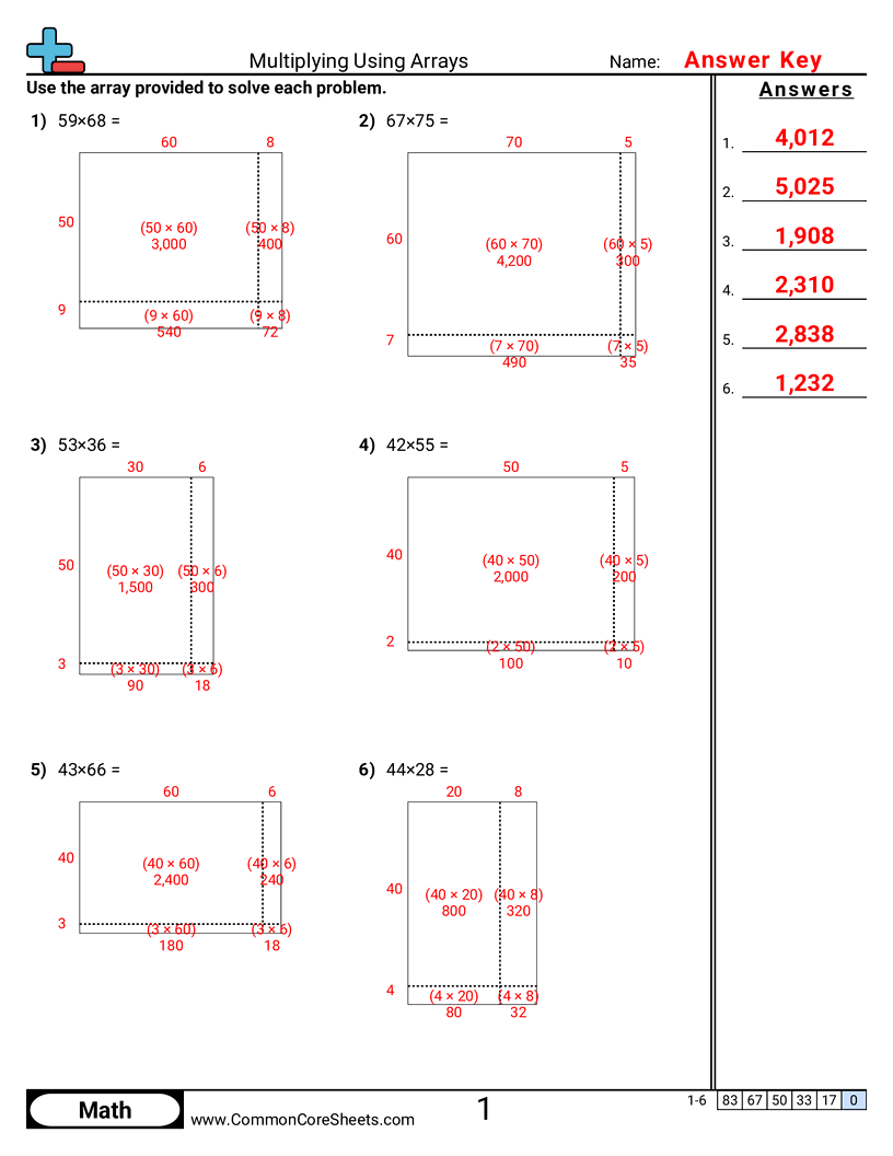 4nbt5 Worksheets - multiplying-using-arrays worksheet