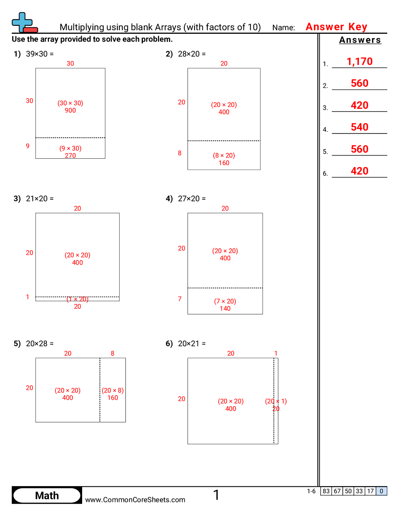 4nbt5 Worksheets - multiplying-using-arrays-with-factors-of-10 worksheet