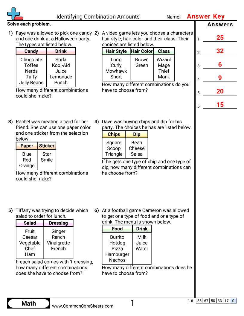 Probability Worksheets - identifying-combination-amounts worksheet