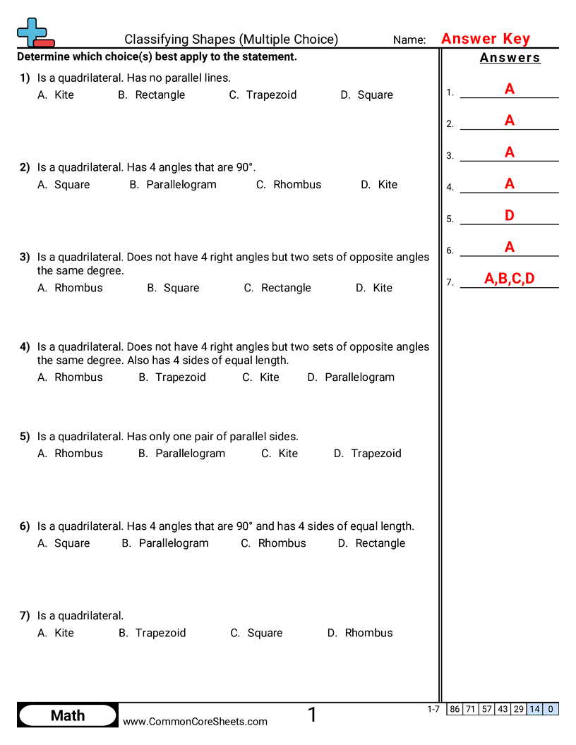 5g3 Worksheets - classifying-shapes-multiple-choice worksheet