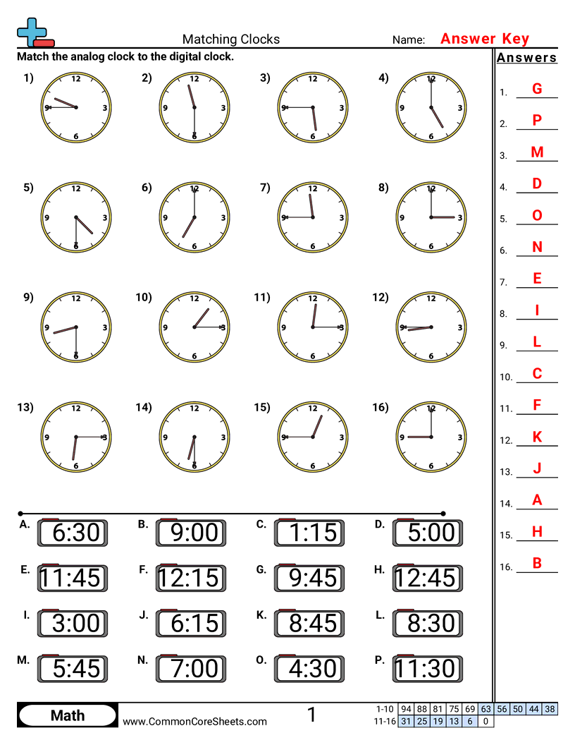 Time Worksheets - matching-clocks-15-minute-increments worksheet